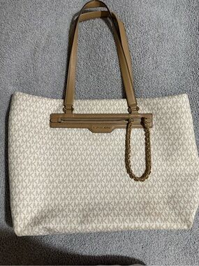 Michael Kors Cream and Tan MK Logo Tote with Chain Accent